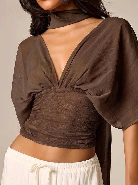 Tops - Brown Elegant Women's Deep V-Neck Lace Crop Top With Chiffon Drape Sleeves